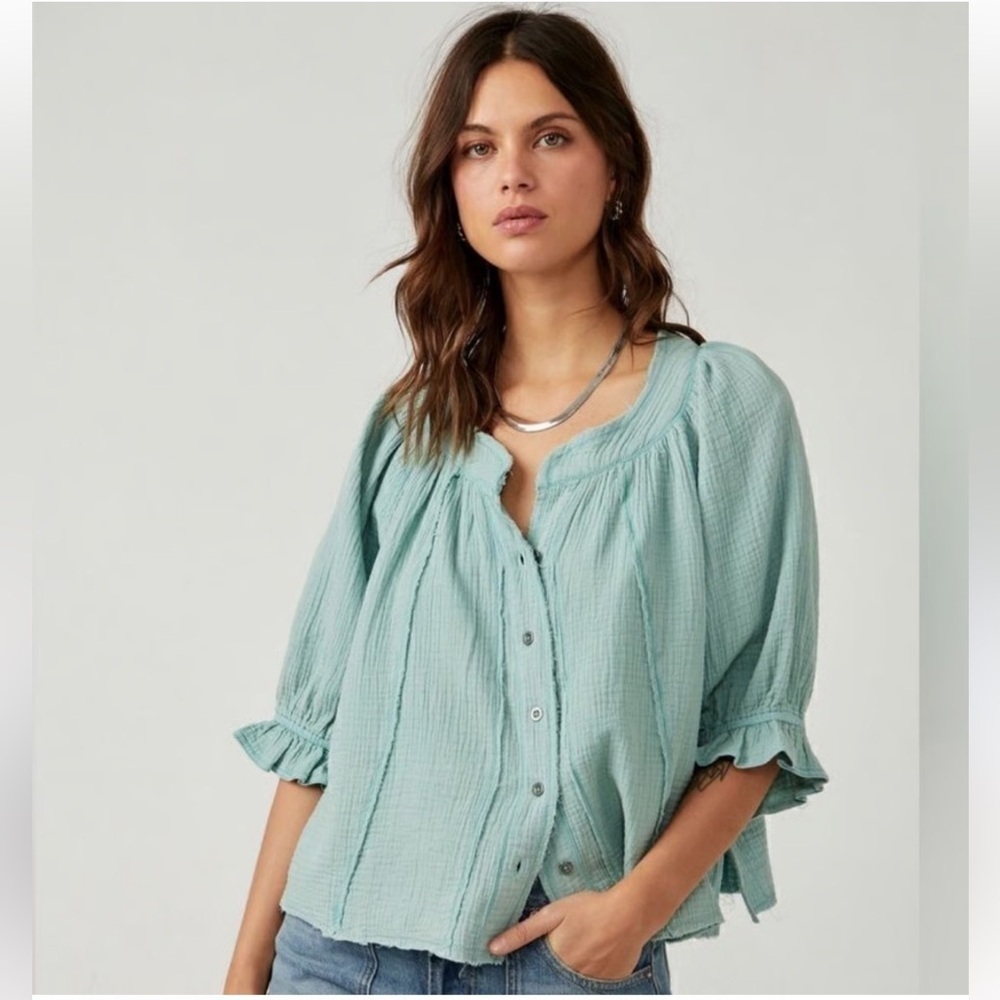 WE THE FREE / Free People Lucy Solid Swing Top Size XS Oversized Blue Surf Boho‍